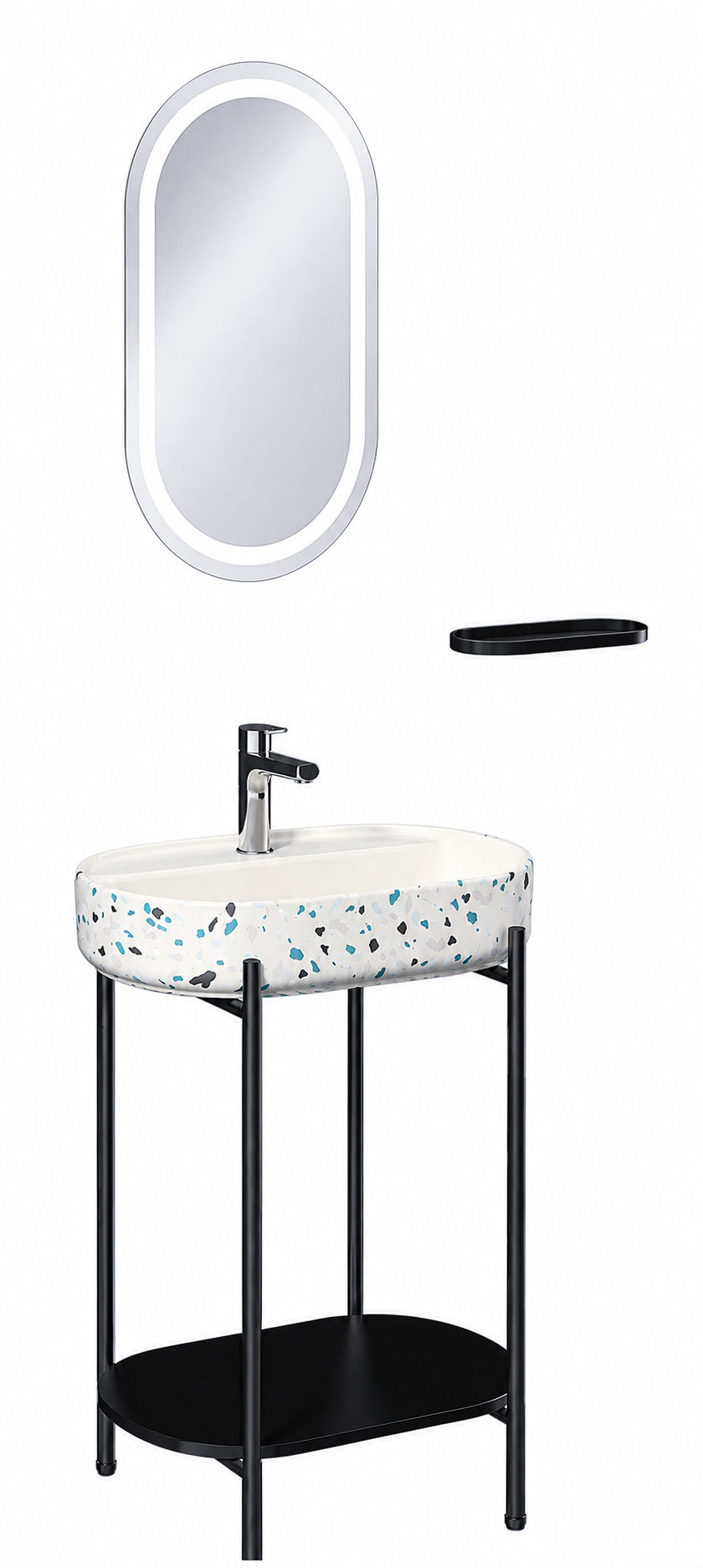 ISVEA Puno Siyah Metal Profil Beyaz Terrazzo Lavabo Ünitesi 60 cm LED’li Ayna