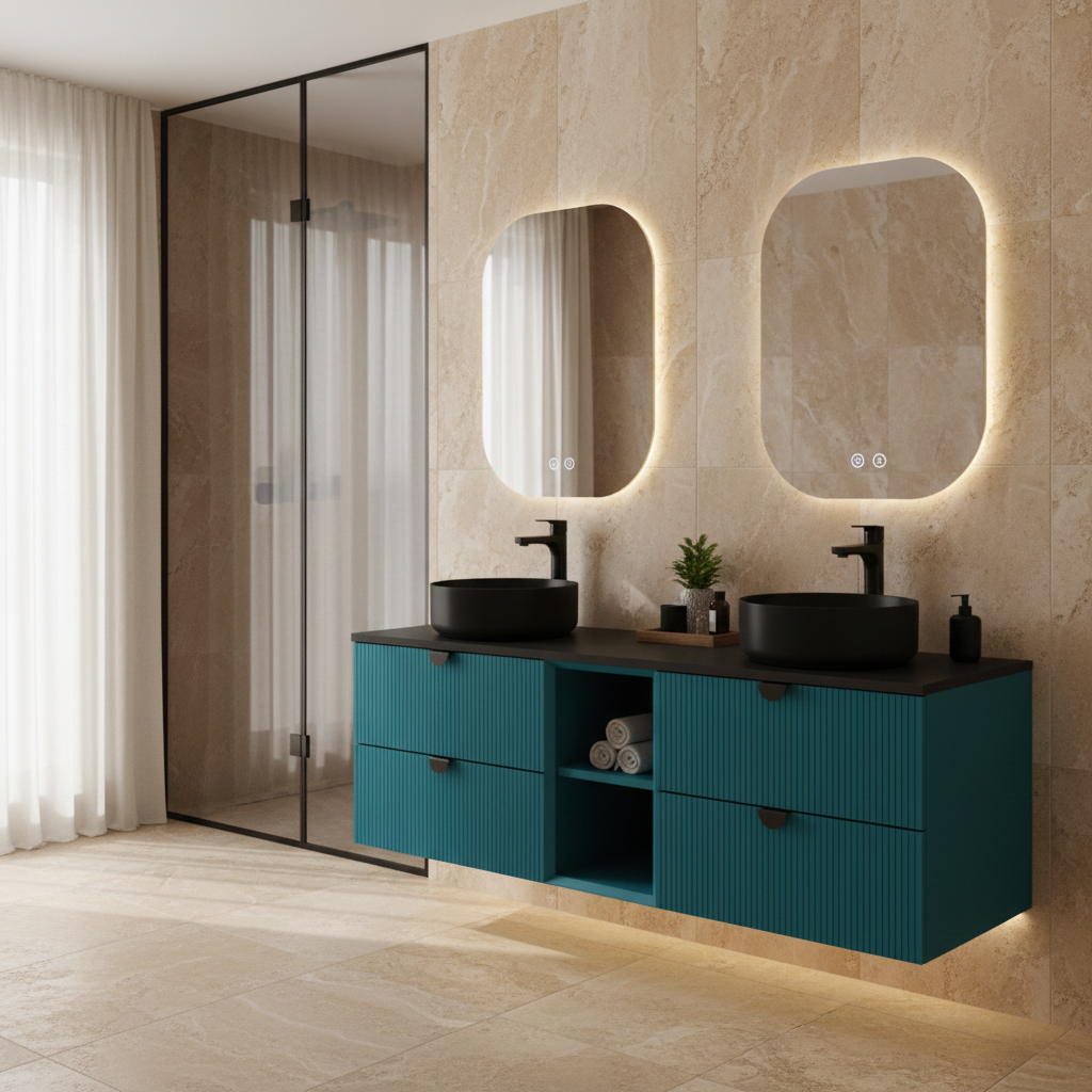 ISVEA Infinity Okyanus Lavabo Dolabı 150 cm, Siyah Lavabo 36 cm / Set