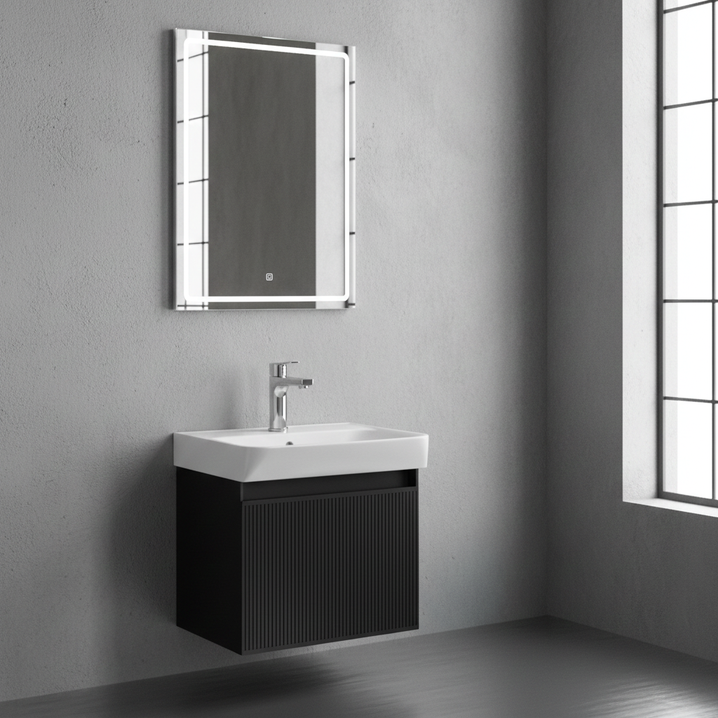 ISVEA Fuga Gofrato Siyah Lavabo Ünitesi, 60 cm + Ayna / Set