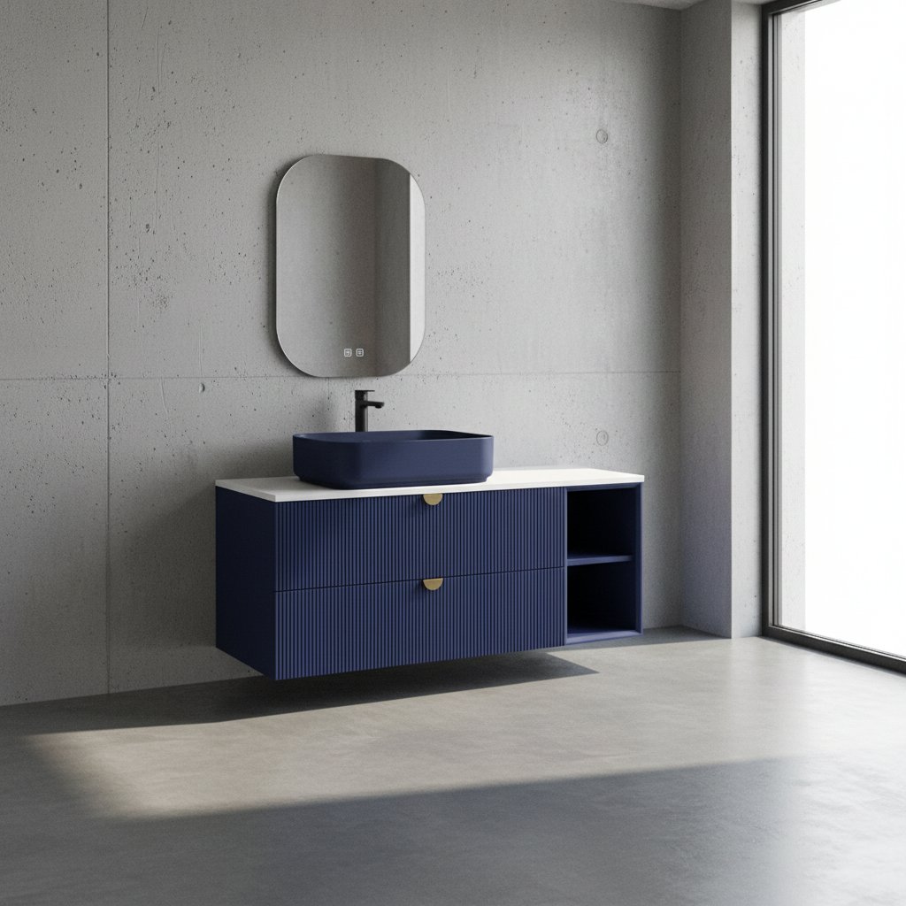 ISVEA Infinity Beyaz Kuvars tezgahlı 130 cm, Lavabo 50 cm, Gece Mavisi / Set