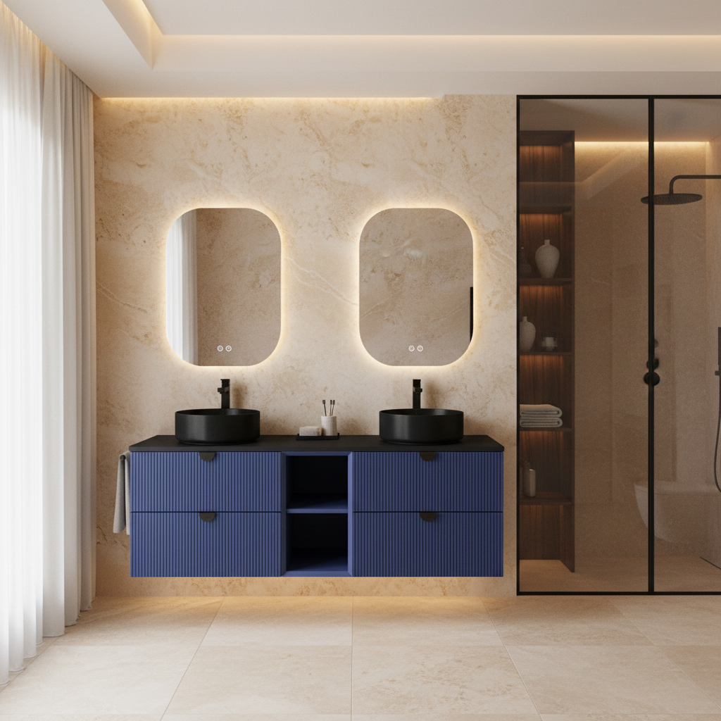 ISVEA Infinity Gece Mavisi Lavabo Dolabı 150 cm, Siyah Lavabo 36 cm / Set