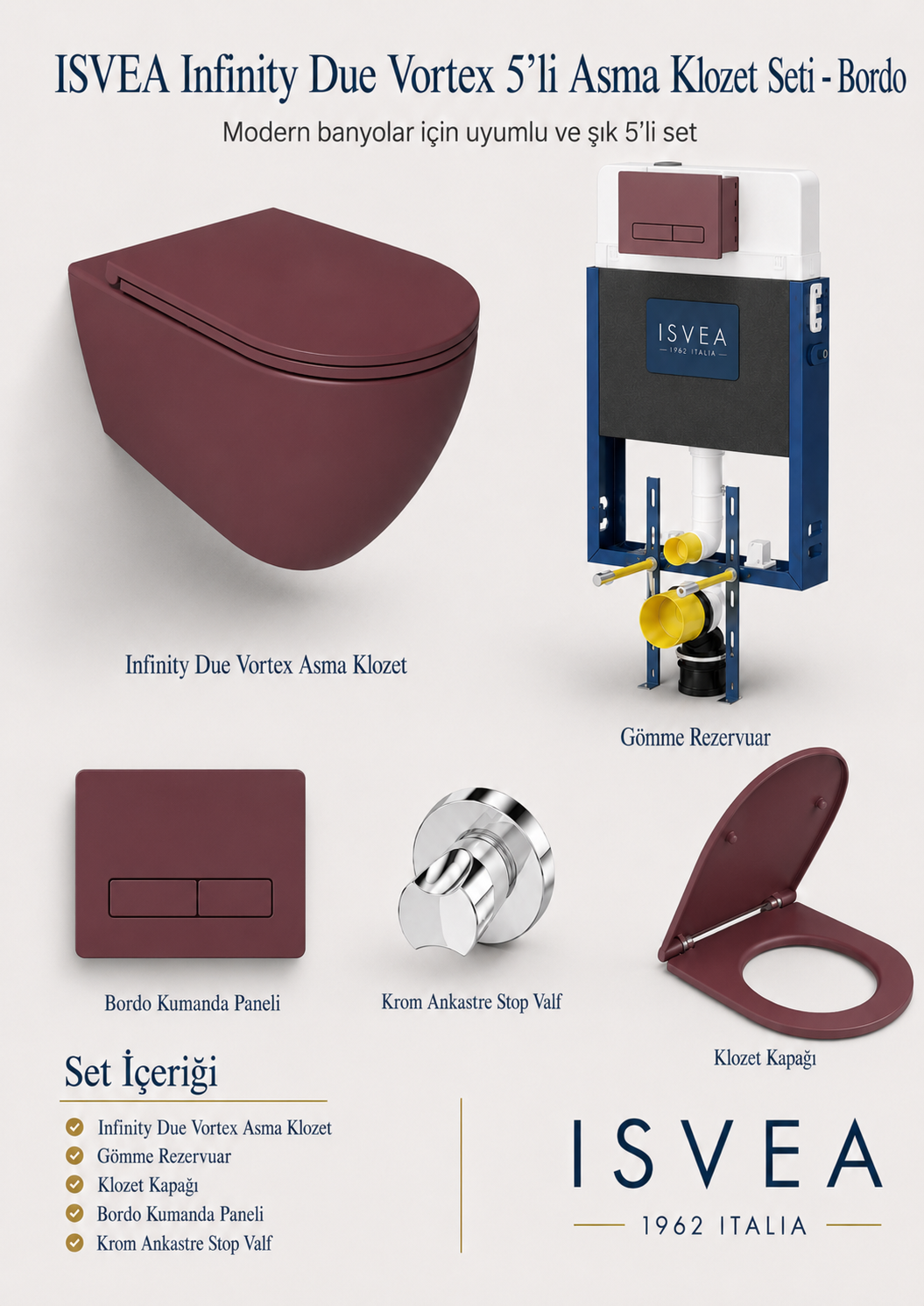 ISVEA Infinity Due Vortex 5’li Asma Klozet Seti – Bordo