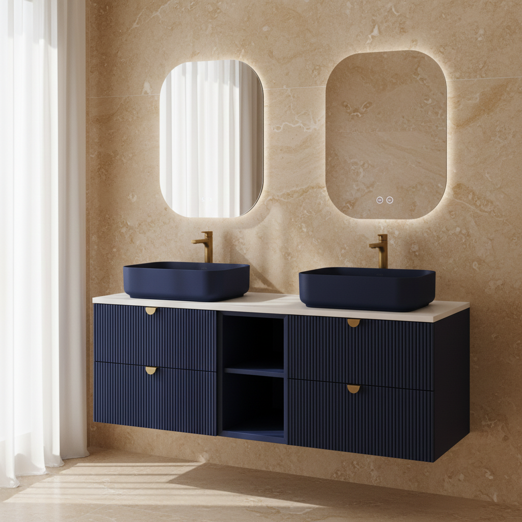ISVEA Infinity Beyaz Kuvars tezgahlı 150 cm, Lavabo 55 cm / Gece Mavisi