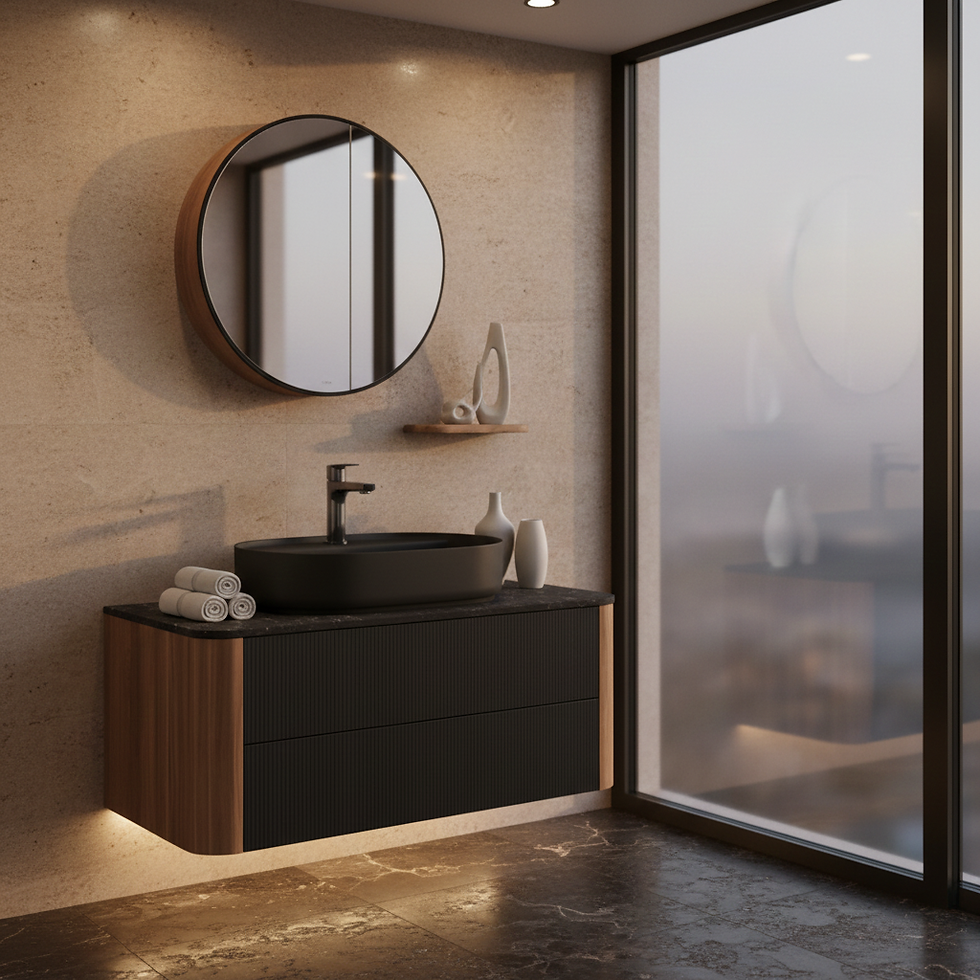 Göz hizasında siyah lavabo ve siyah armatür kombinasyonu
