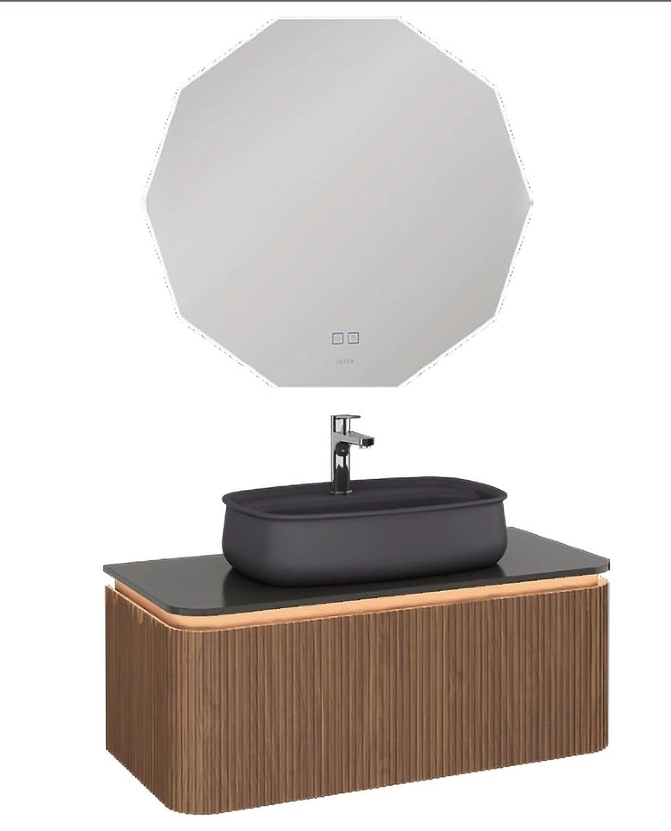 ISVEA Fluido Lavabo Ünitesi, 100 cm, Doğal Ahşap Kaplama, Antrasit Lavabolu Set farklı görünüm