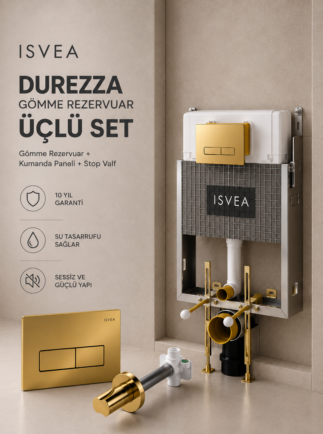 ISVEA Durezza Gömme Rezervuar + Altın Kumanda Paneli ve Altın Stop Valf / Set