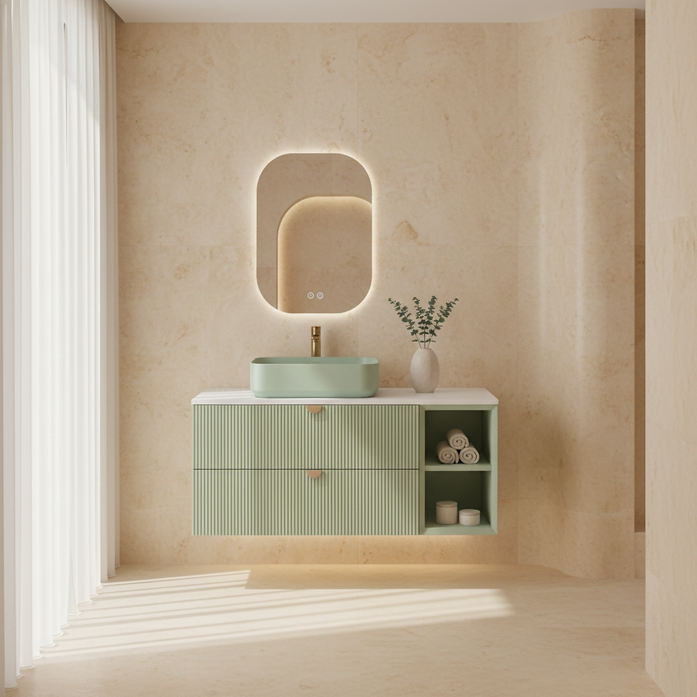 Küçük resim: İsvea Infinity Beyaz Kuvars tezgahlı 130 cm, Lavabo 50 cm, Pastel Yeşil / Set 