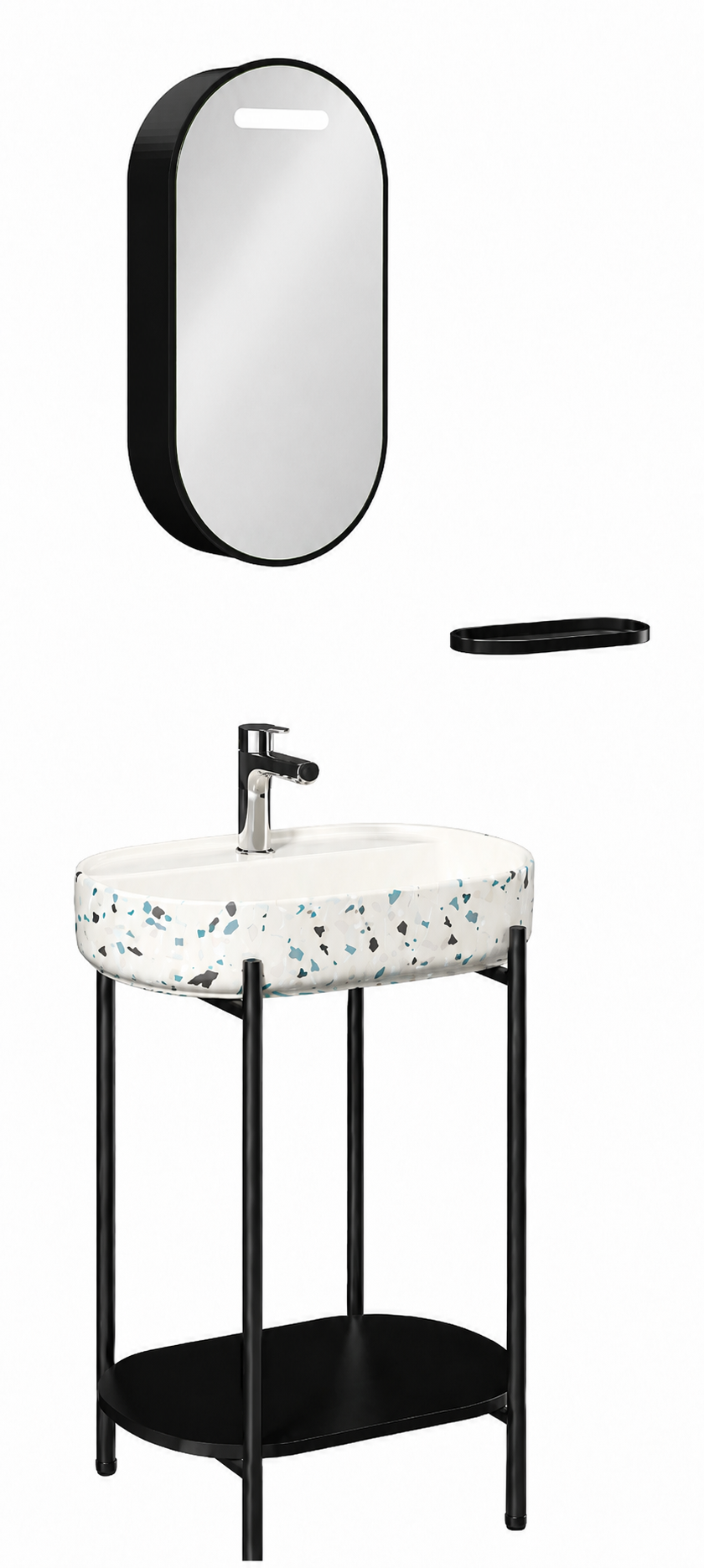 ISVEA Puno Siyah Metal Profil Beyaz Terrazzo Lavabo Ünitesi 60 cm Dolaplı Ayna