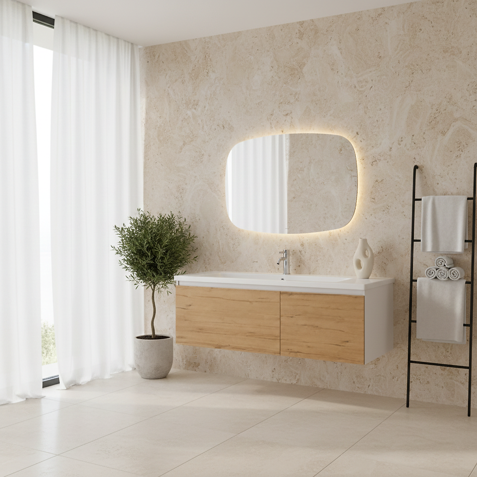 ISVEA Coredo Etajerli 120 cm + Amorf LED Ayna – Gofrato Beyaz & Detroit farklı görünüm