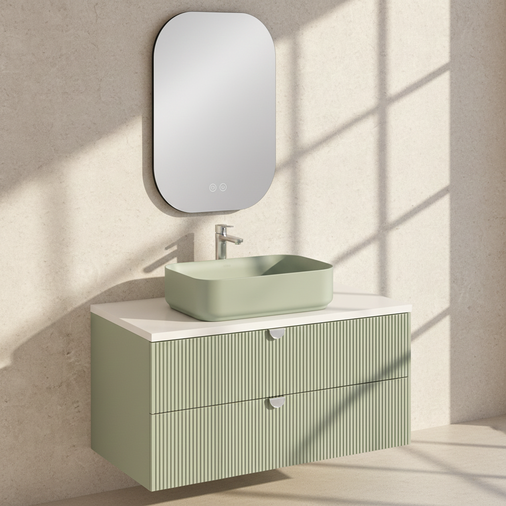 İsvea İnfinity Kuvars Tezgah 100 cm, Mint Lavabo 55cm + Ayna, Pastel Yeşil