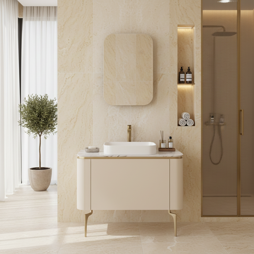 İsvea Gloria Lavabo Ünitesi 100 cm Krem + Dolaplı Ayna / Set