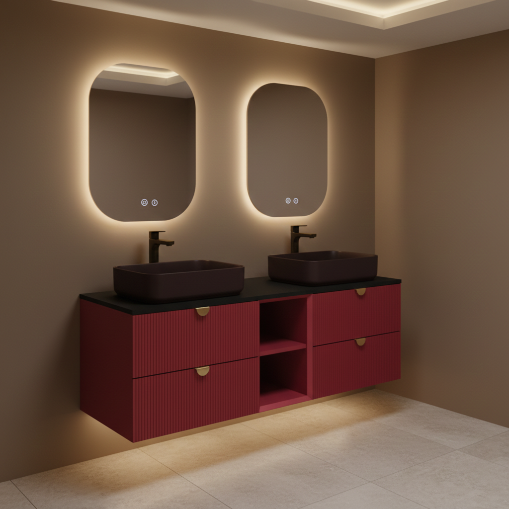 ISVEA Infinity Yakut Kırmızı Lavabo Dolabı 150 cm, Siyah Lavabo 50 cm / Set