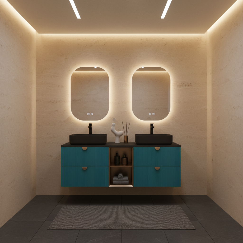 ISVEA Infinity Okyanus Lavabo Dolabı 150 cm, Siyah Lavabo 50 cm / Set