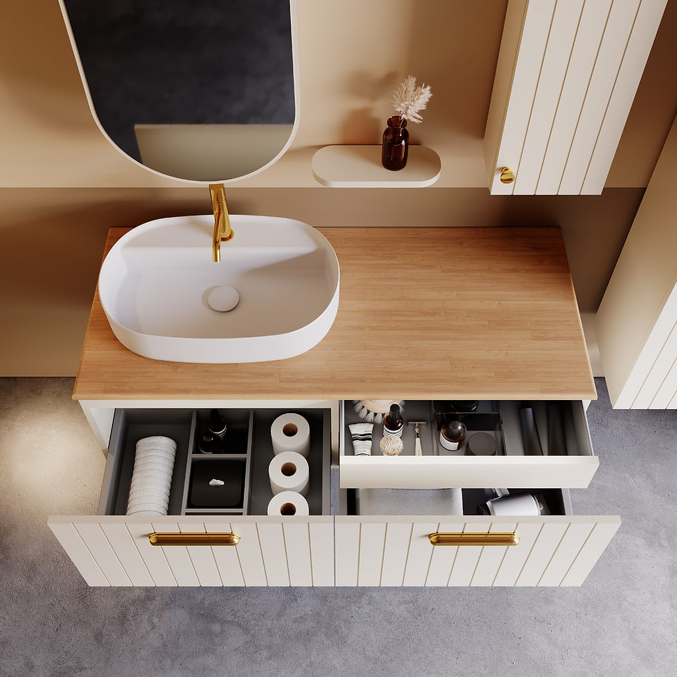Yakın çekimden modern ve fonksiyonel banyo dolapları