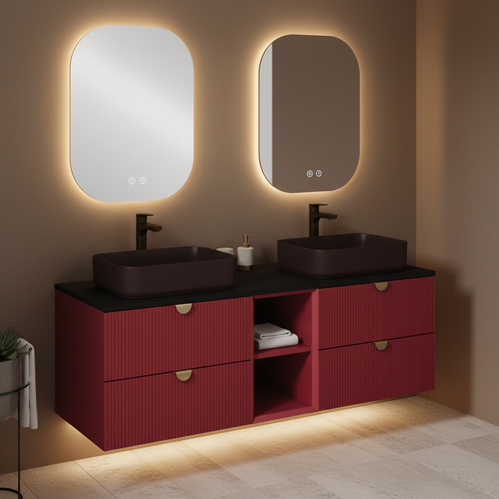 Thumbnail: İsvea Infinity Yakut Kırmızı Lavabo Dolabı 150 cm, Siyah Lavabo 50 cm / Set