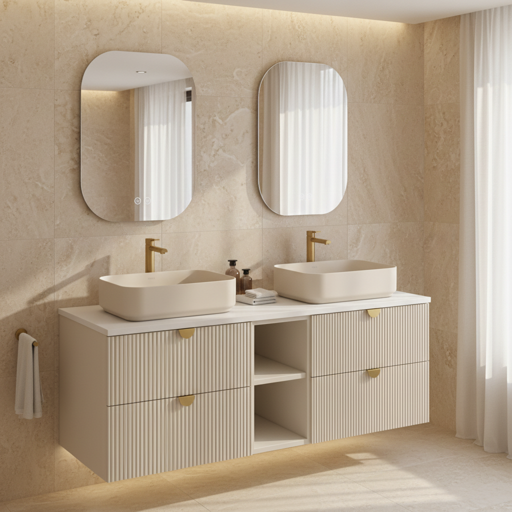 ISVEA Infinity Beyaz Kuvars tezgahlı 150 cm, Lavabo 55 cm / Krem
