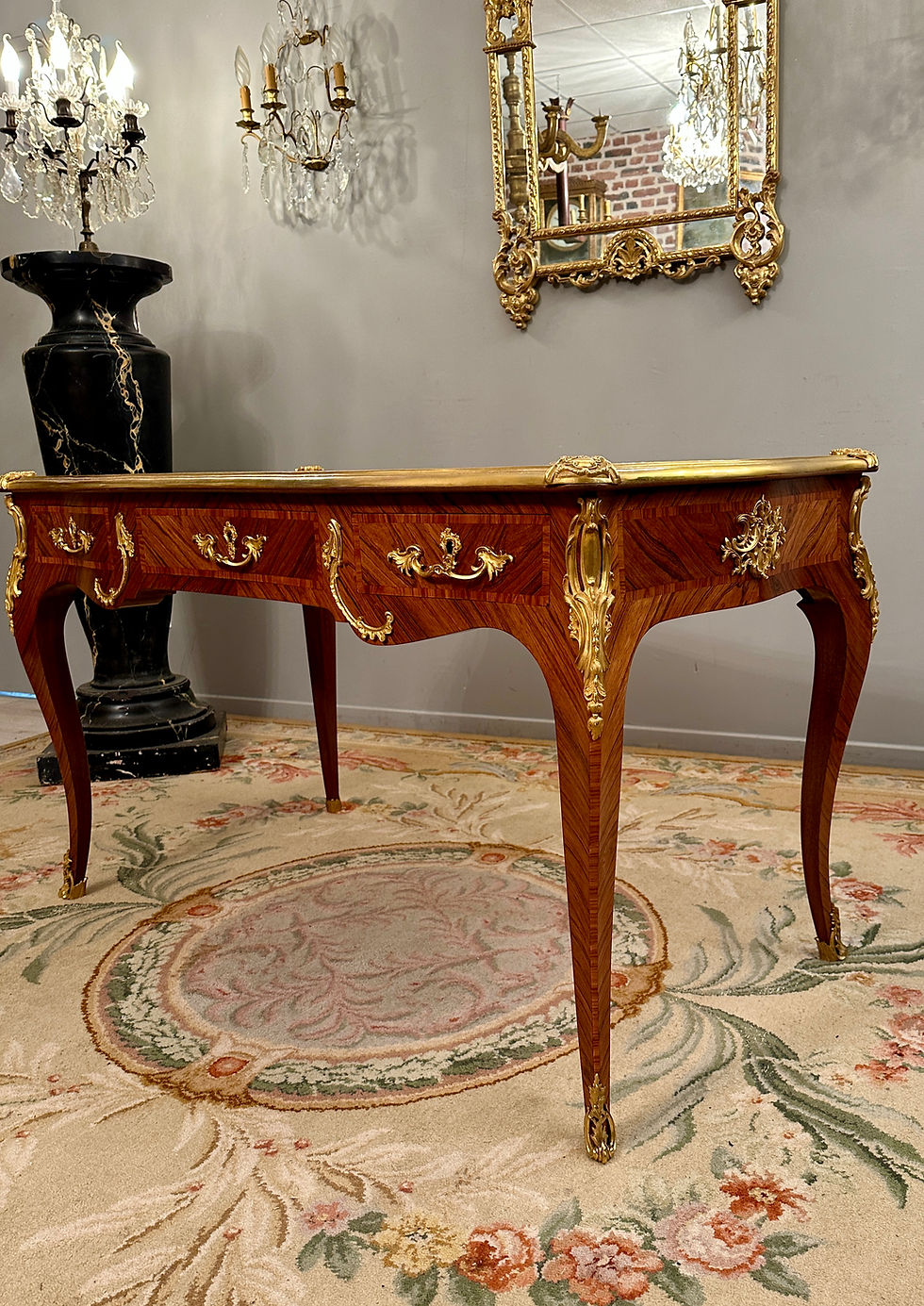 Thumbnail: Maurice Rinck, Bureau Plat De Style Louis XV En Marqueterie Bronze Dore