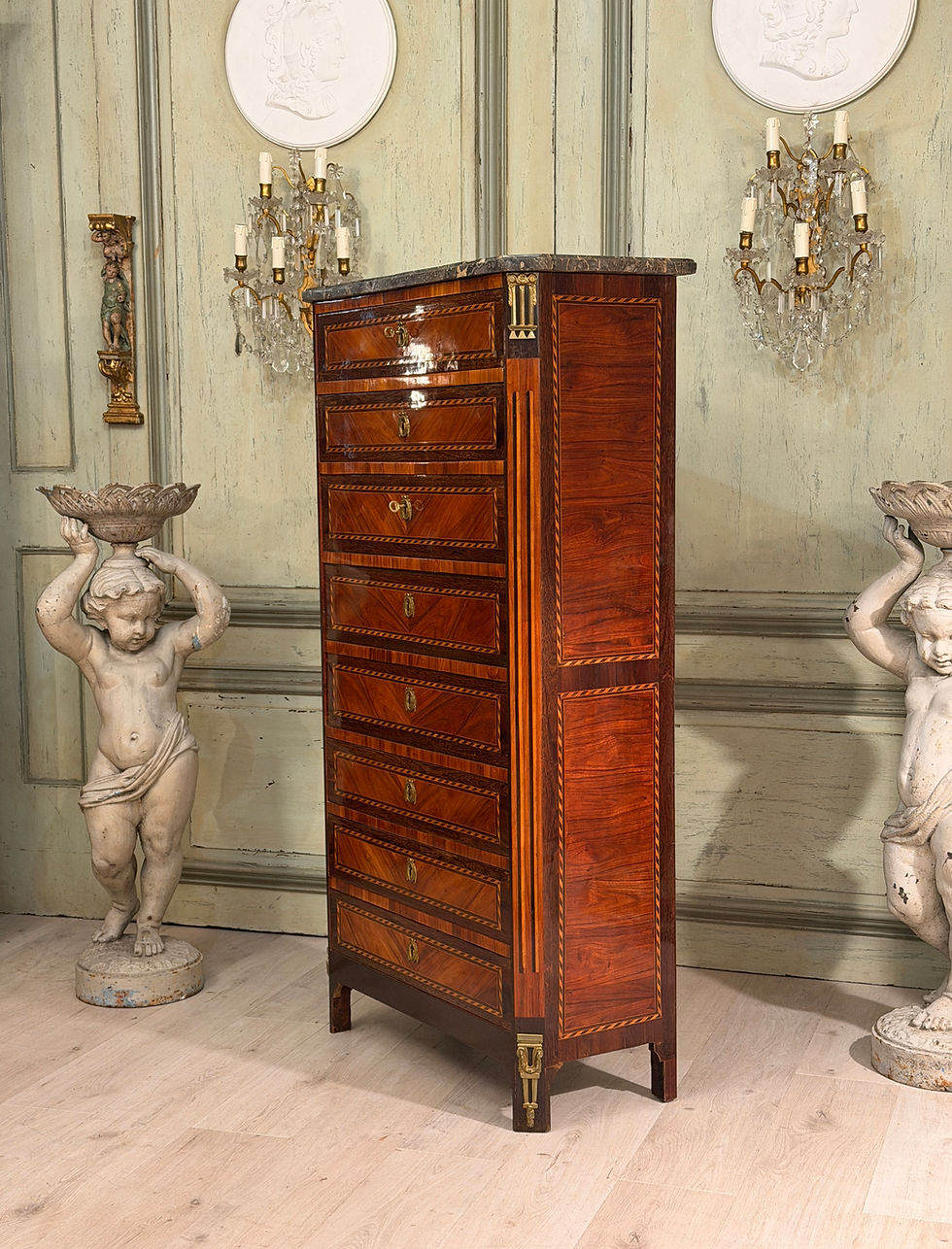 Thumbnail: Chiffonnier Formant Secrétaire en Marqueterie d'Epoque Louis XVI, Vers 1780