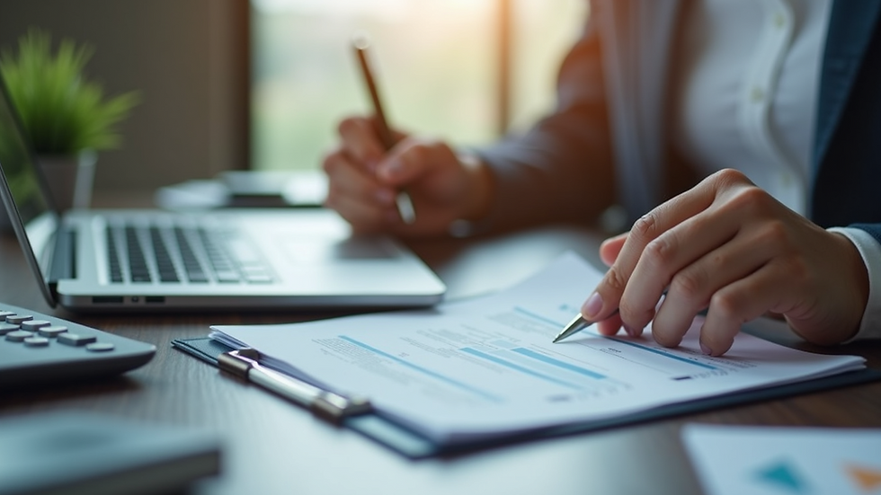 Eye-level view of a small business owner reviewing financial documents