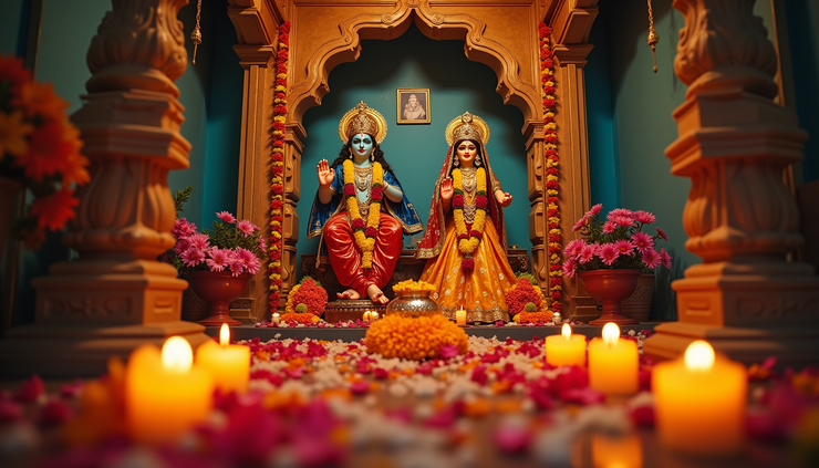 Eye-level view of a traditional Indian temple altar decorated with flowers and idols of Radha Krishna