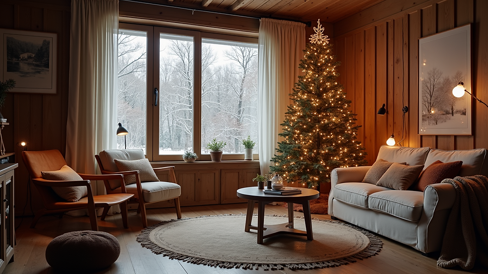 Wide angle view of a cozy living room ready for the winter season