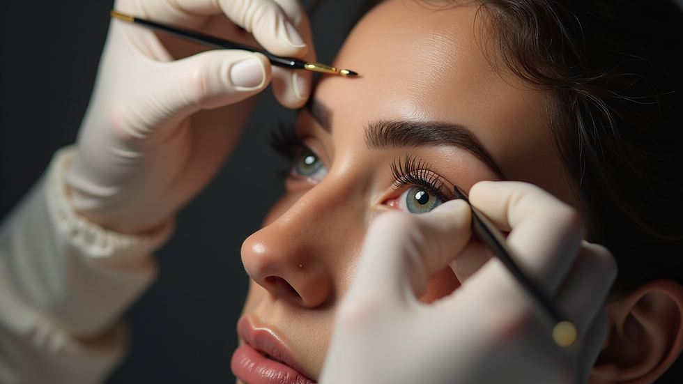 Eye-level view of a brow artist working on a client’s eyebrows