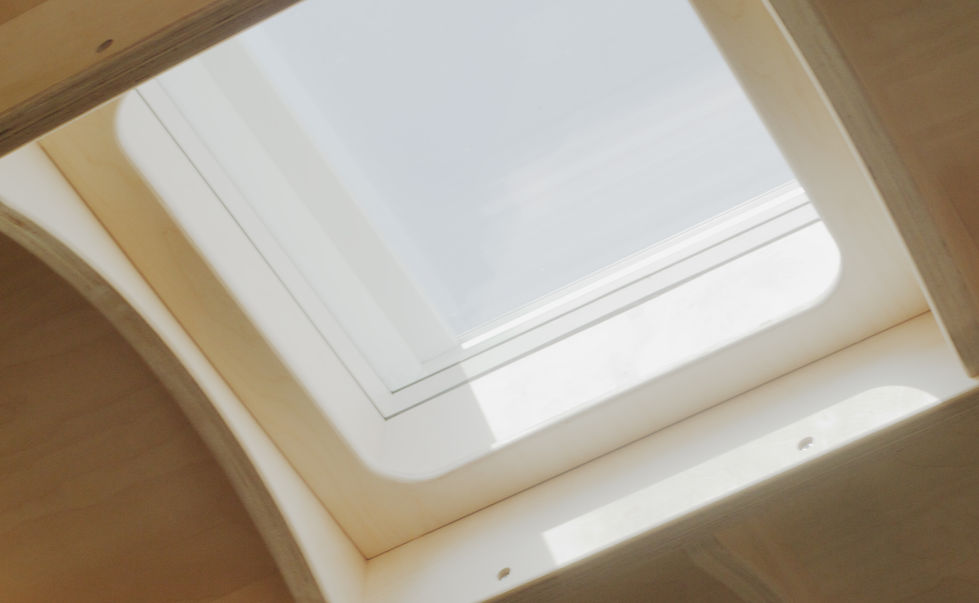 Interior view of skylight in ceiling of London garden room, showing curved plywood frame.