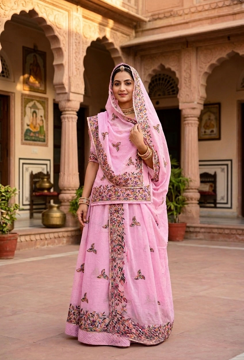 Woman in Roopali Pink Cotton Boutique Suit in a courtyard