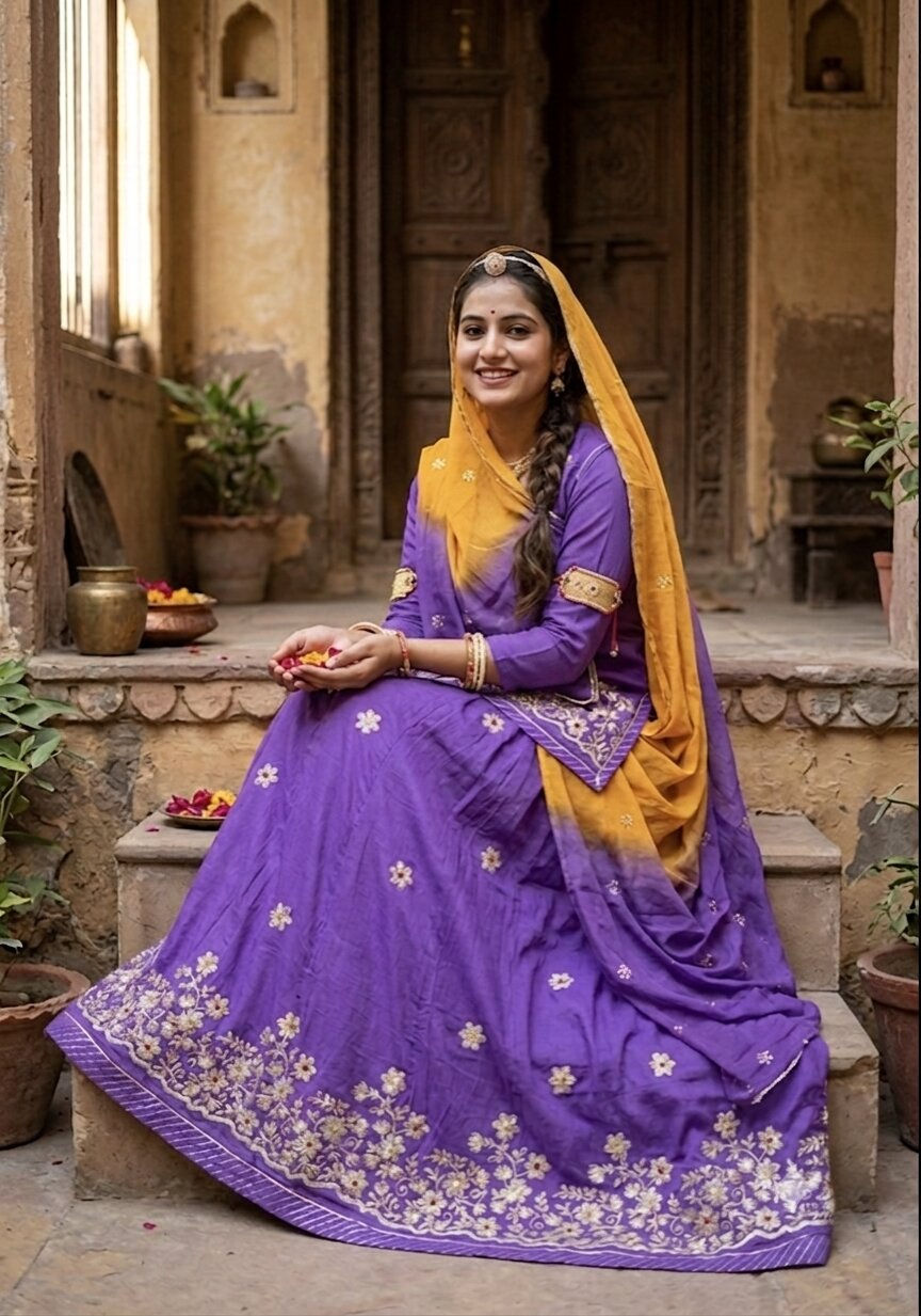 Woman wearing Aishwarya Purple-Amber Cotton Suit