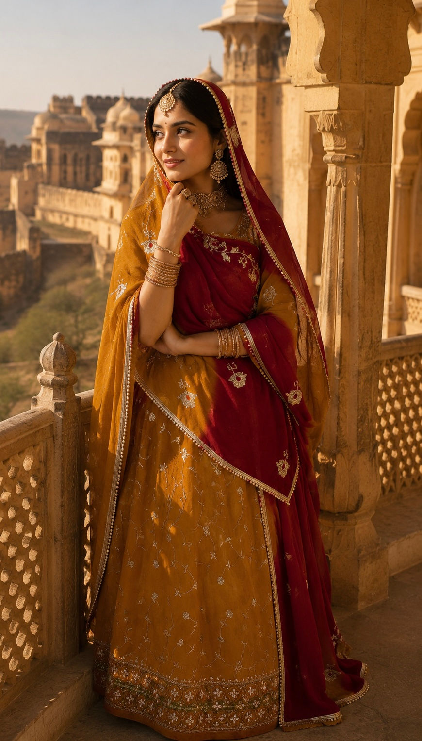 Woman in a Marudhara Mustard Cotton Suit at a palace