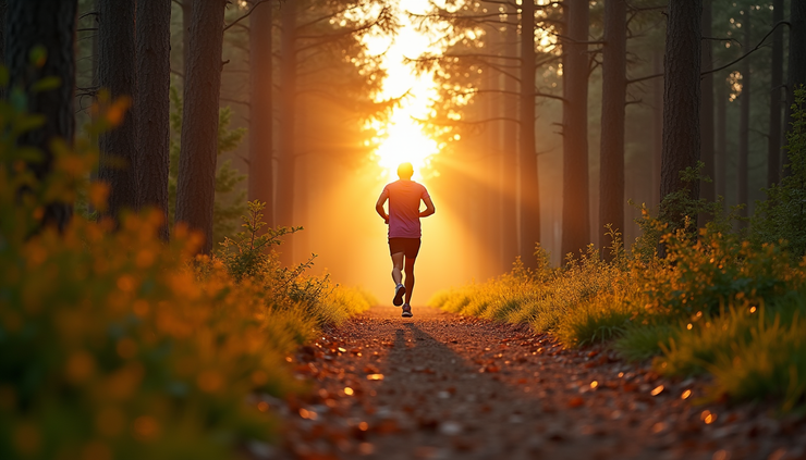Eye-level view of a person jogging on a forest trail during sunrise