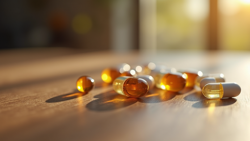 Close-up view of bioidentical hormone capsules on a wooden surface