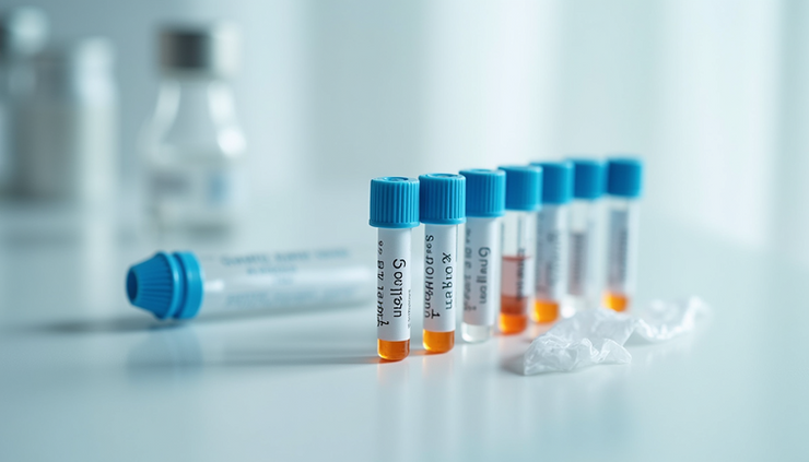 Close-up view of a genetic testing kit with DNA sample tubes