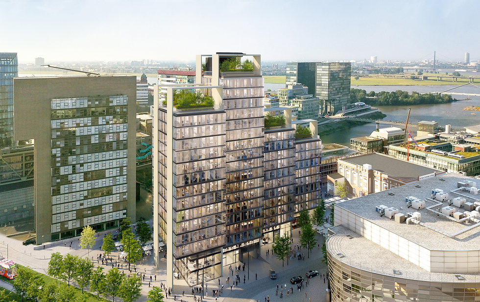 Exterior view of UNIQ Tower designed by Christoph Ingenhoven, sleek glass facade and modern high-ris