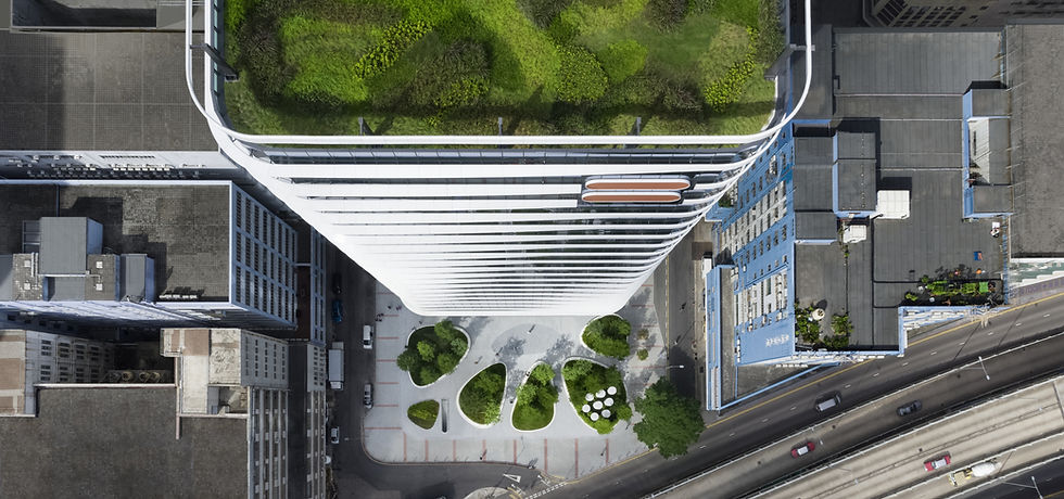 Exterior view of Mapletree Bay Point designed by Christoph Ingenhoven, modern glass facade and dynam