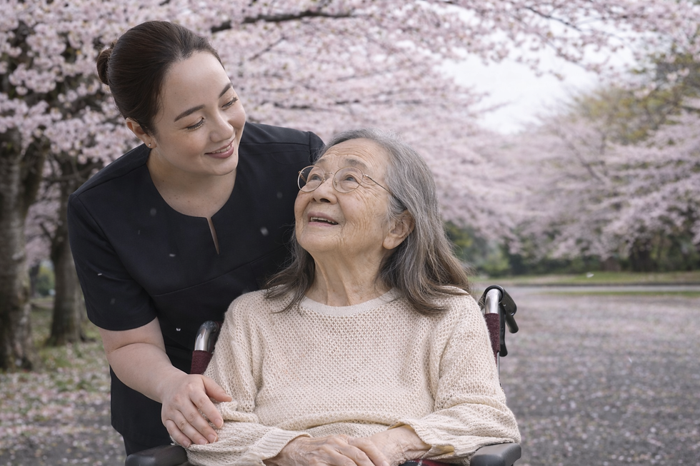 横浜で看護師が高齢女性の外出支援を行い、車椅子で桜を楽しむ様子(介護美容・外出支援サービスMARUTTO)