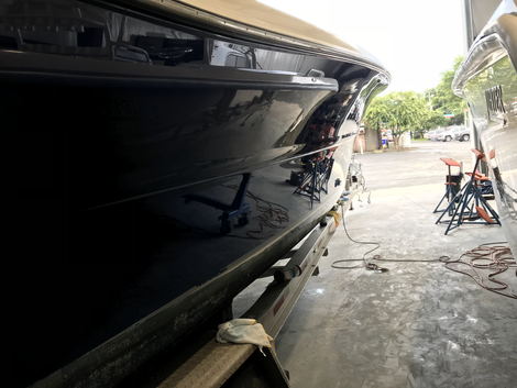 35' Triton, unrecognizable hull compared to the day we started. Ready for sale at Off The 