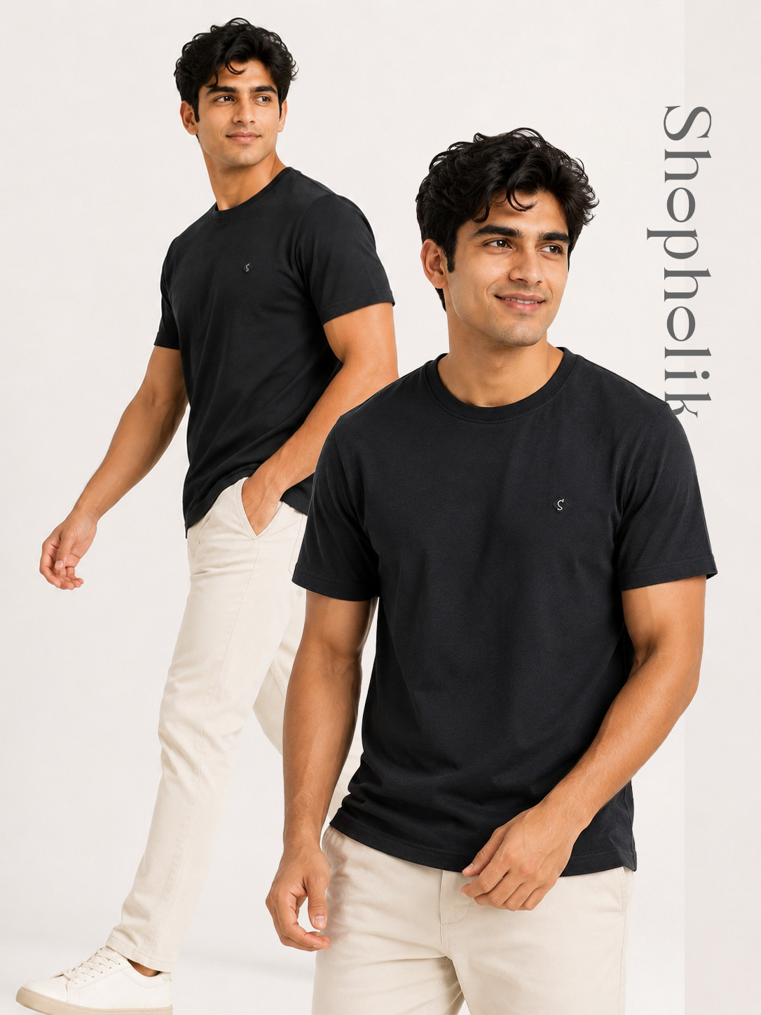 Men Solid Round Neck Pure Cotton Black-Black Combo T-Shirt