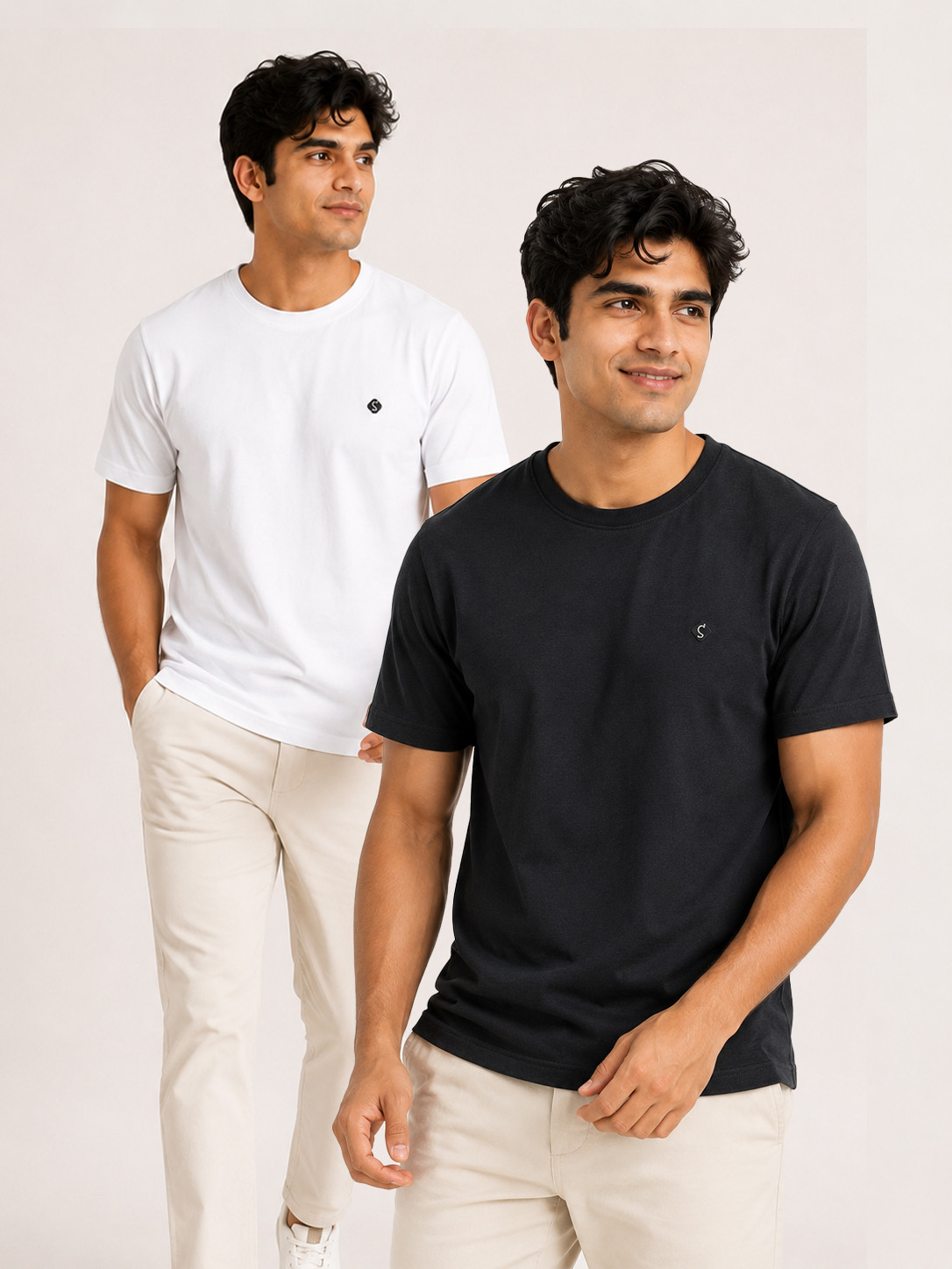 Men Solid Round Neck Pure Cotton Black-White Combo T-Shirt