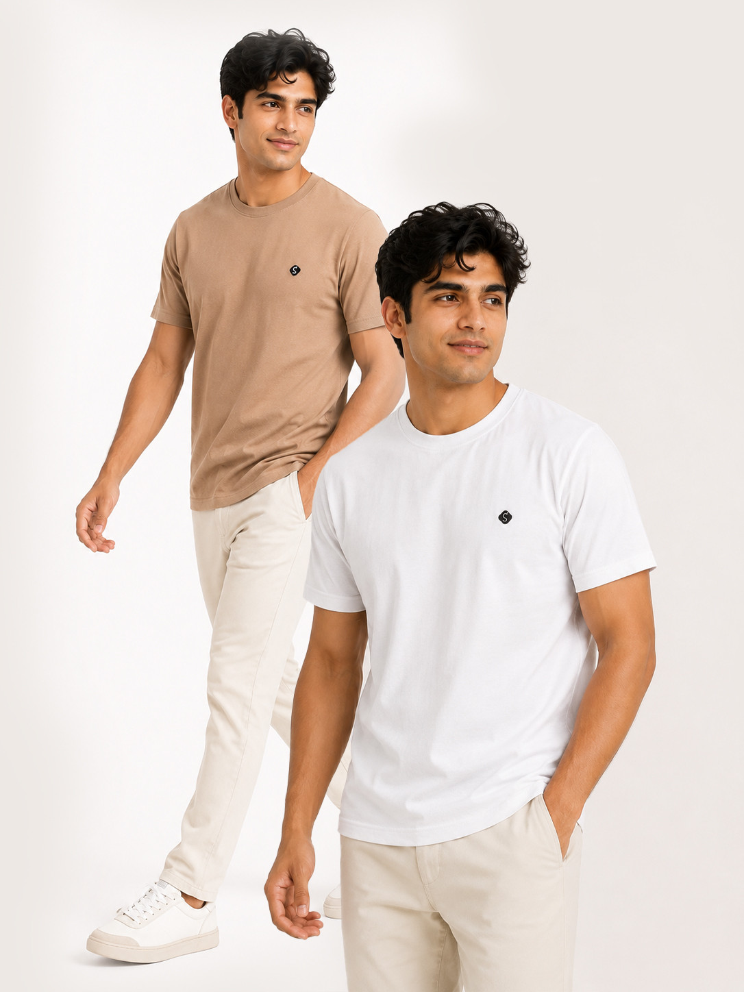 Men Solid Round Neck Pure Cotton White-Beige Combo T-Shirt