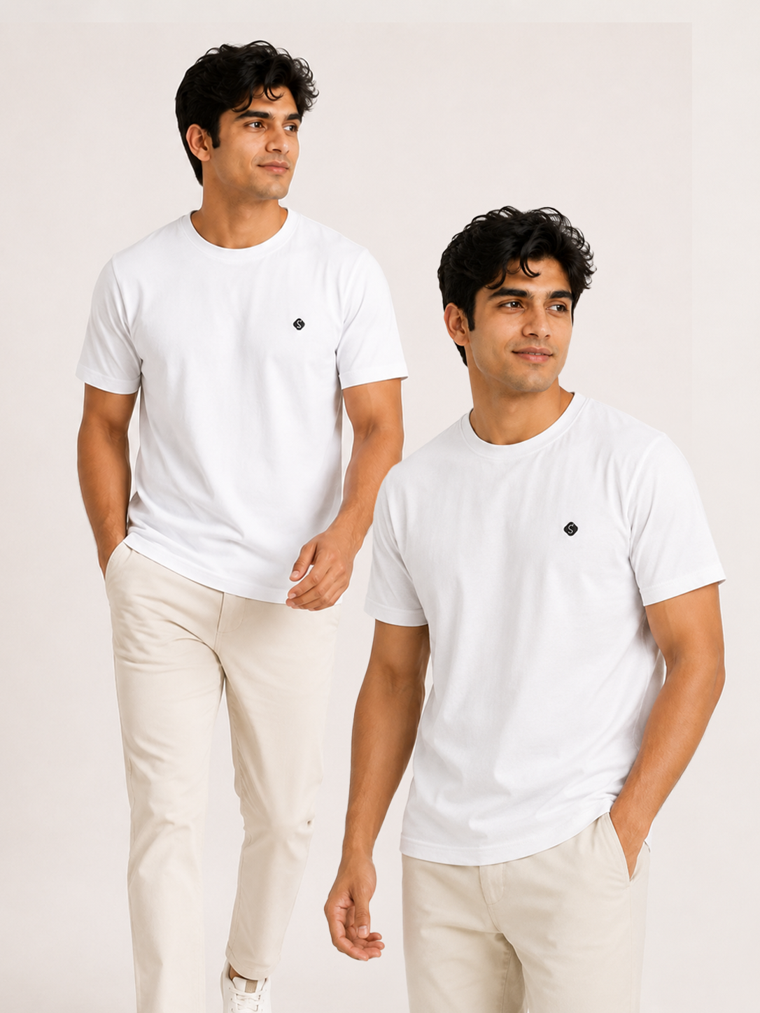 Men Solid Round Neck Pure Cotton White-White Combo T-Shirt