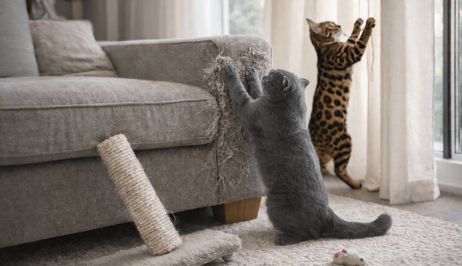 Cat scratching a damaged sofa next to an unstable, undersized scratching post, while another cat climbs curtain cords instead of engaging with unused toy mice, illustrating how inadequate toys and furniture increase frustration.