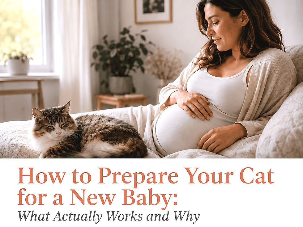Pregnant woman relaxing at home with her cat beside her while preparing for a new baby.