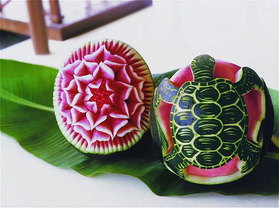 Watermelon carvings on Canouan of a turtle