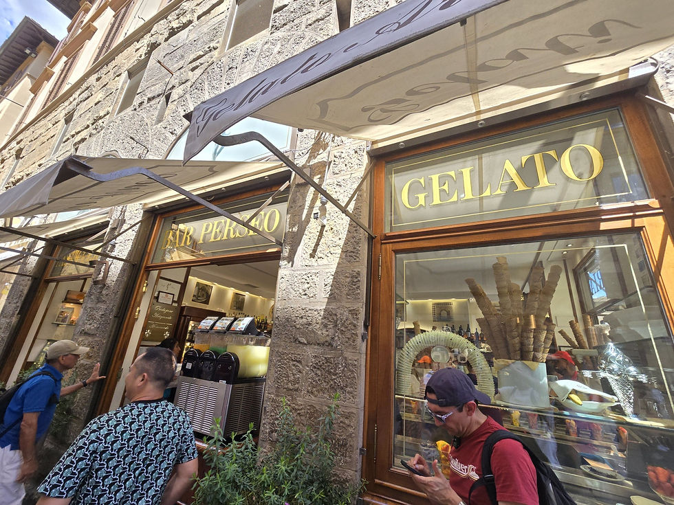 Gelato window and awnings of Bar Perseo on Piazza della Signoria in Florence