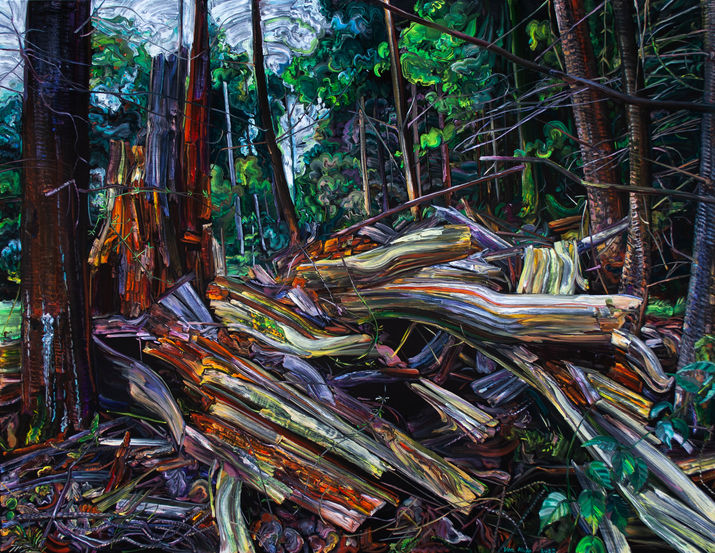 Painting of wet rotten tree trunk burst open and shattered