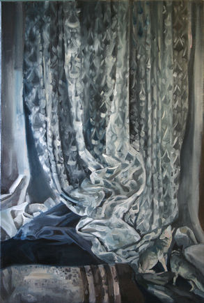 painting of wrinkly curtain and  couch pushed against window