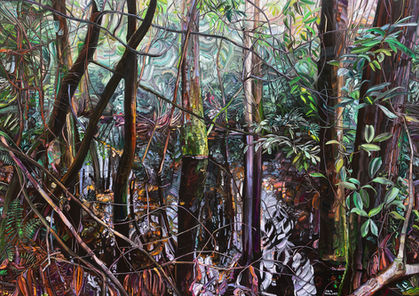Flooded are in forest with swirls and streaks of paint