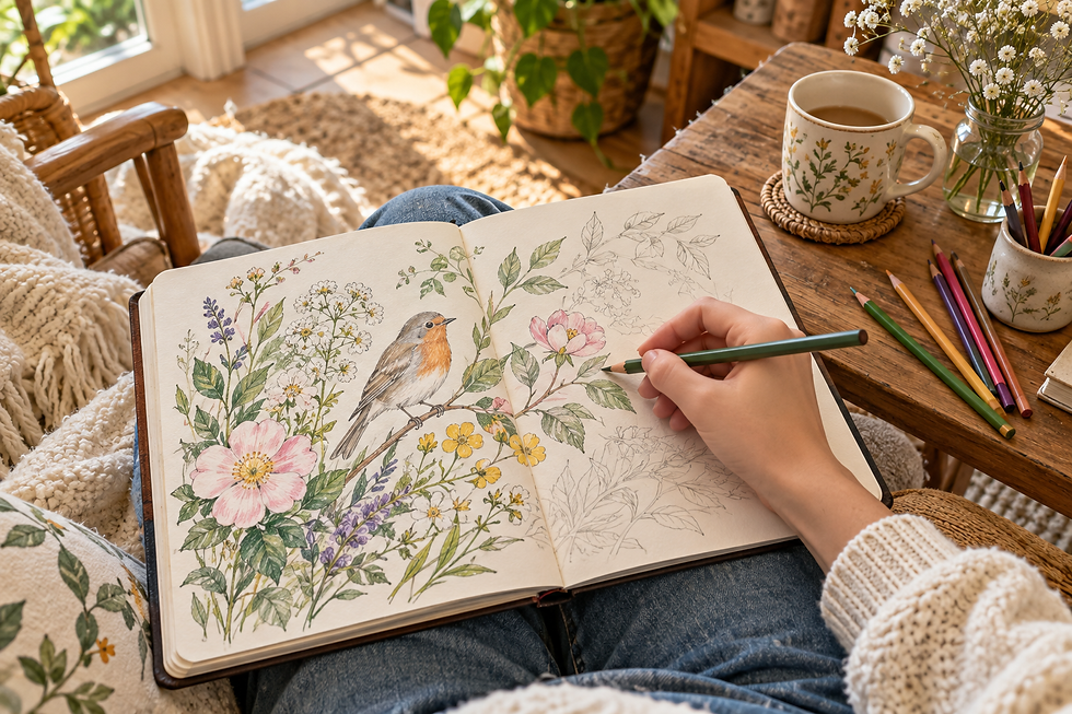 Person sketching a robin and flowers in a notebook