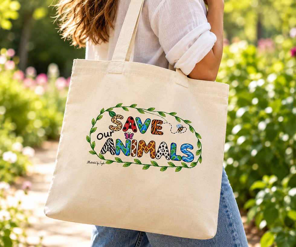 Woman carrying Save Our Animals canvas tote bag in a garden